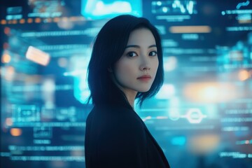 Confident Asian businesswoman with floating codes and tech icons symbolizing expertise