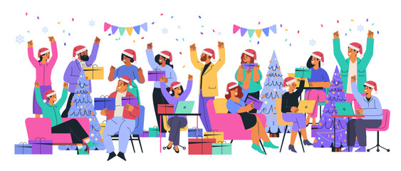 Office Christmas party celebration festive gathering colleagues exchanging gifts wearing Santa hats decorated tree laptops confetti colorful decor