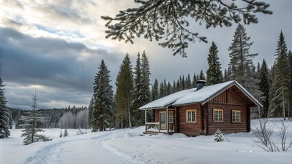 Wooden cabin nestled among Swedish pine trees with snow-covered windows, frozen, wood, lake, serene