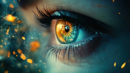 Fototapeta premium Close-up of a vibrant human eye with mystical, glowing particles.