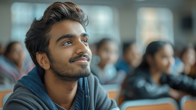 good looking indian collage male in classroom - Powered by Adobe