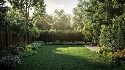 65.A serene backyard with a lush green lawn, dotted with flowering plants and bordered by a wooden fence, with tall trees providing a natural backdrop, all under the soft light of an overcast sky,