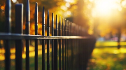 2.Detailed shot of a black wrought iron fence in a park, its sharp, symmetrical vertical bars standing strong, with the blurred background of trees and sun-dappled grass adding depth and warmth to
