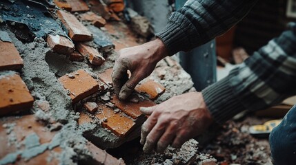 79.A close-up shot of a man's hands working to attach torn bricks to the facade of a fence, focusing on the gritty, uneven texture of the bricks and the careful precision of his placement. The