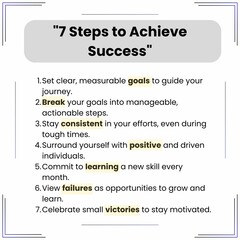 A pixel design explaining 7 essential steps to achieve success: set goals, break them down, stay consistent, learn continuously, embrace failure, and celebrate progress