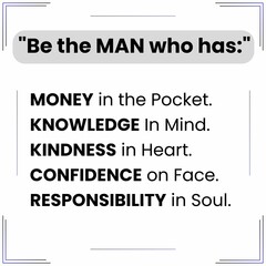 A pixel design explaining the qualities that define a true man: money in the pocket, knowledge in the mind, kindness in the heart, confidence in the face, and responsibility in the soul.