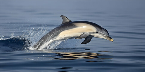 Fototapeta premium A dolphin leaps gracefully out of the water, showcasing its agility and beauty.