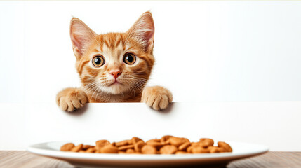 Curious cat with paws on a white table, looking at the cat food with an adorable expression.