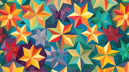 A colorful, abstract background of geometric stars on a blue and black background.