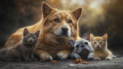 Adorable Dog and Kittens Posing Together Outdoors