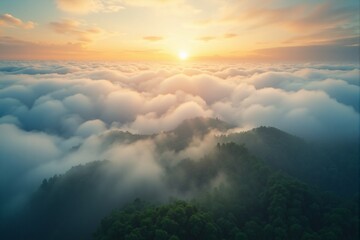 Sunrise Over Misty Mountains  Aerial View  Scenic Landscape  Cloudscape