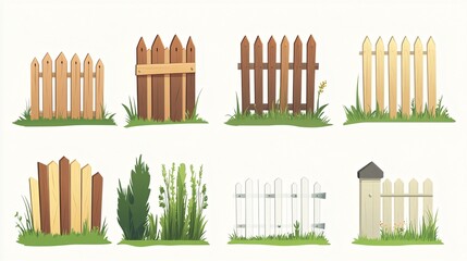 99.A variety of cartoon wooden fences in different styles, from tall slatted privacy fences to shorter decorative garden fences. The flat vector illustrations offer charming, simplified