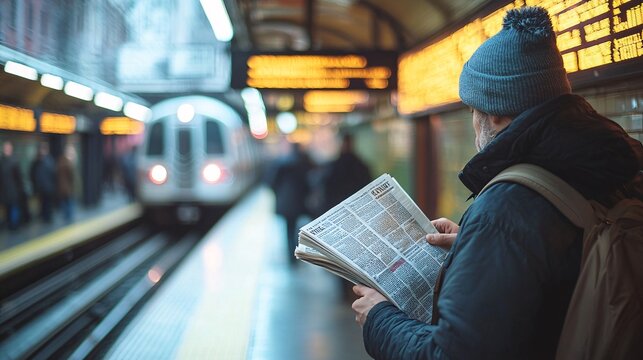 Urban Commuter: Man Reading Newspaper at Subway Station with Train Arriving in Blurred Background