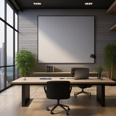 Fototapeta premium Interior of modern office with wooden walls, wooden floor, rows of computer tables with black chairs and horizontal mock up poster. 3d rendering