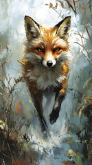 Fototapeta premium A vibrant fox leaps through a misty forest, showcasing its agility and beauty.