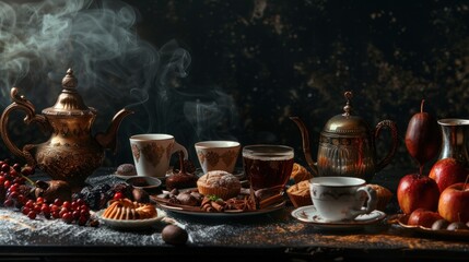 Fototapeta premium Turkish coffee, tea and traditional food on dark background, AI generated image