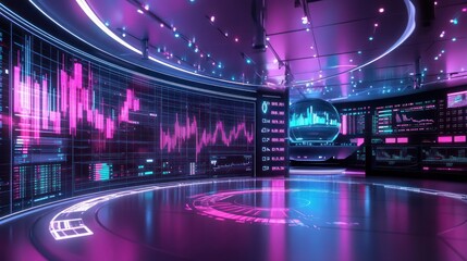 Virtual trading floors with glowing charts in a futuristic dome, sleek design and vibrant lights,