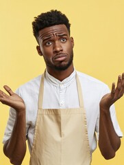 Housekeeping and daily domestic routines concept. Confused black man in apron spreads hand in puzzlement, faces dilemma, reproaches of too much work about house, has frustrated facial expression