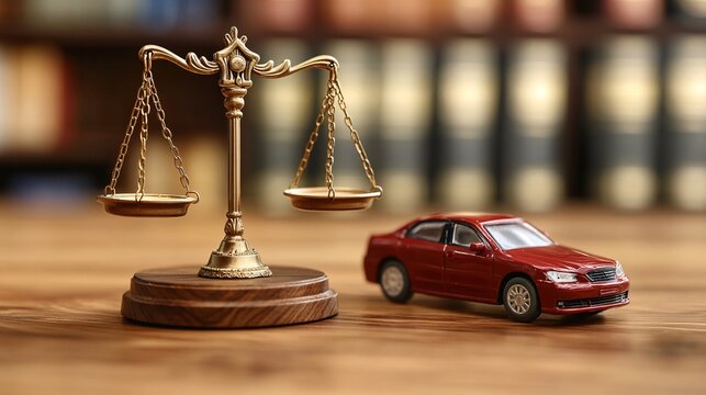 A legal office setting featuring a toy car, gavel, and scales of justice, while colleagues discuss insurance and accident cases nearby