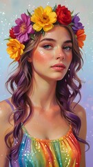Naklejka premium A young woman with flowing purple hair wears a vibrant flower crown featuring yellow, red, and purple blooms. Her dress is a rainbow of colors, complementing the soft, dreamy background.