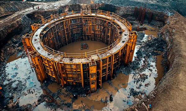 Circular construction site with wooden supports and water accumulation.