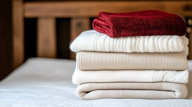 Self Indulgence concept. Stacked neatly folded cozy blankets