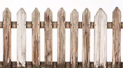 Fototapeta premium 34.A wooden picket fence with slightly weathered slats, set against a stark white background, with natural wood grain and imperfections visible, capturing the character of a classic and functional