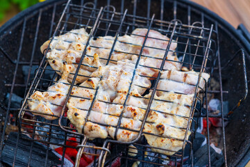 Marinated Chicken Breast Grilling on Charcoal BBQ with Perfect Char Marks. Juicy Grilled Chicken with Golden-Brown Crust on Traditional Round Grill Grate
