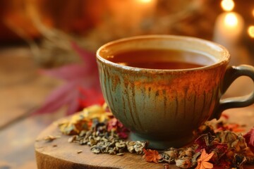 Picture of a cozy mug brimming with aromatic herbal tea blend