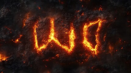 Molten lava text with fiery glow, volcanic setting, ash and embers,