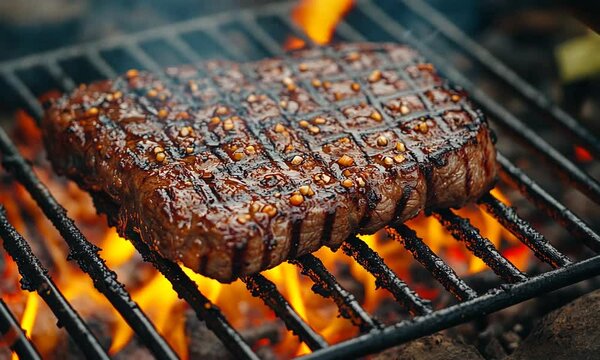 A grilled steak with a charred pattern, sizzling over an open flame.