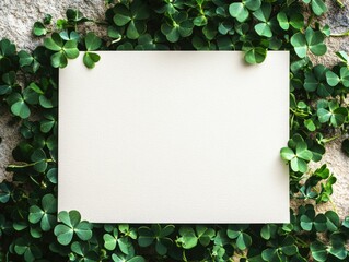 Blank white card with green border on pastel background featuring shamrocks for st. Patricks day invitations or nature-inspired print design - Powered by Adobe