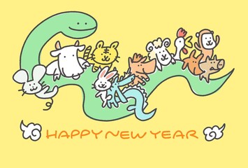 大きな蛇に乗る干支達の年賀状　2025 手描きイラスト