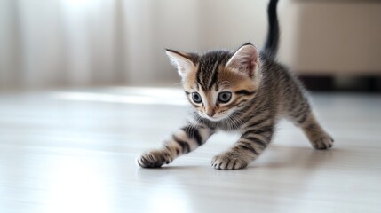 Adorable Tabby Kitten Walking On Light Floor