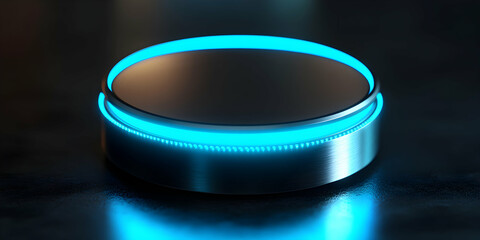 Futuristic Circular Platform with Glowing Blue Ring, Abstract Tech Background, Modern Digital Design, Illuminated Interface Element, Sleek Metal Surface, Sci-Fi Aesthetic.