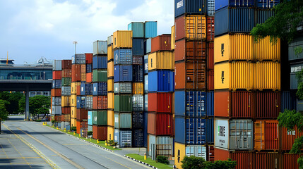 Colorful Cargo Containers Stacked High at a Port, Global Trade and Shipping Industry, International Commerce and Logistics