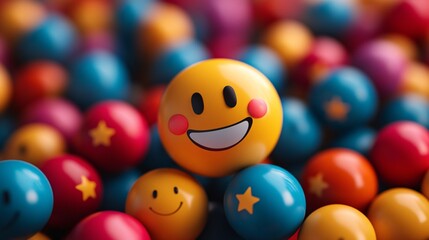 Smiley face highlighted with colorful thumbs-up, stars, and happy emoticons, representing excellent feedback and positive experiences.