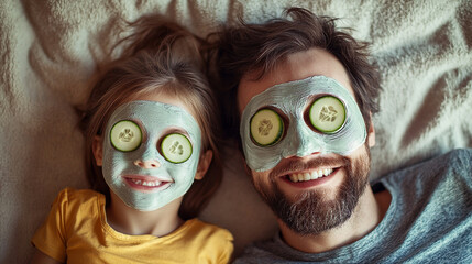 Father and Daughter Enjoying Spa Day with Cucumber Face Masks