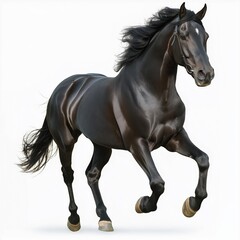 Fototapeta premium Galloping shiny black Andalusian stallion isolated on white background.