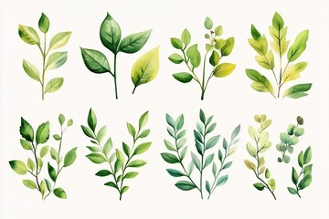 Detailed Watercolor Botanical of Various Leafy Plants and Flora on a Clean White Background