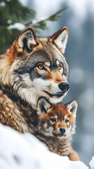 Fototapeta premium Wolf and Pup in Snowy Wilderness, A Majestic Winter Scene