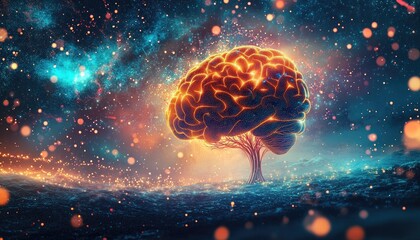 A vibrant digital illustration of the human brain, with colorful neural connections radiating from it towards an ethereal tree-like structure