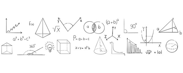 Obraz premium Math doodle hand drawn border, with formula, geometric shapes, chalk texture. School science lesson. Study seamless illustration.
