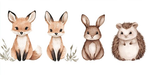Fototapeta premium Cute Baby Animals in Watercolor Boho Forest Drawing for Children s Nursery Decor