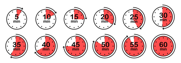 Stopwatch, timer icons set. Speed ​​measurements, countdown from 5, 10, 15, 20, 25, 30, 35, 40, 45, 50, 55 and 60 minutes. stopwatch isolated set in red and black color vector on white background.
