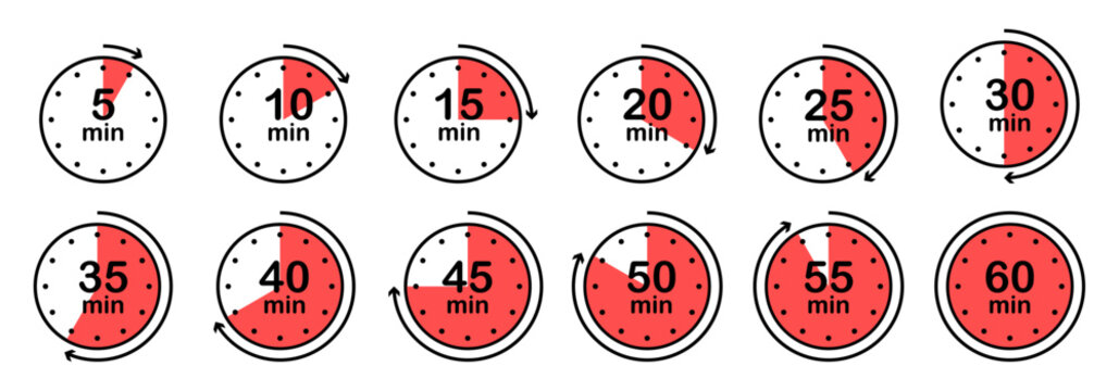 Stopwatch, timer icons set. Speed ​​measurements, countdown from 5, 10, 15, 20, 25, 30, 35, 40, 45, 50, 55 and 60 minutes. stopwatch isolated set in red and black color vector on white background.
