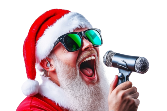Santa Claus singing energetically into a microphone wearing sunglasses isolated on transparent png background.