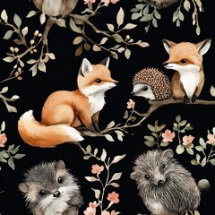Fototapeta premium Whimsical Watercolor Woodland Animal Seamless Pattern for Nursery and Home Decor