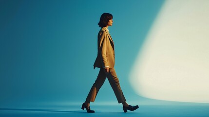 March signifies new beginnings, with an individual in professional attire confidently advancing, embodying ambition and determination, enhanced by studio lighting that underscores 