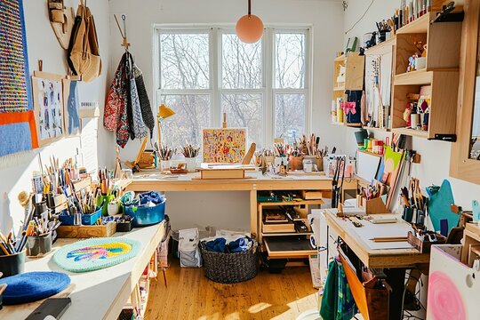 Celebrate National Craft Month with artisans immersed in various creative activities, including knitting, painting, and woodworking, in a vibrant studio filled with tools and completed projects.